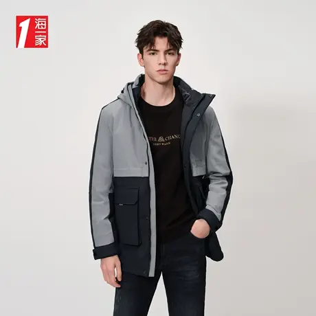 海一家时尚拼色连帽鹅绒服冬季保暖中长款字母印花男士羽绒服图片