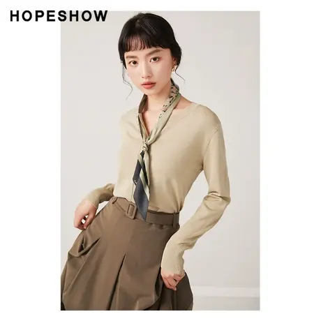红袖outlets罗纹单排扣针织衫hopeshow2023秋新款圆领薄款开衫女商品大图