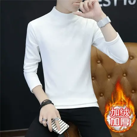 男士长袖t恤冬季中领打底衫加绒加厚黑色卫衣半高领内搭保暖秋衣商品大图