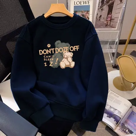 vintage日系古着卫衣女圆领大码加绒外套潮ins秋冬保暖设计感上衣商品大图