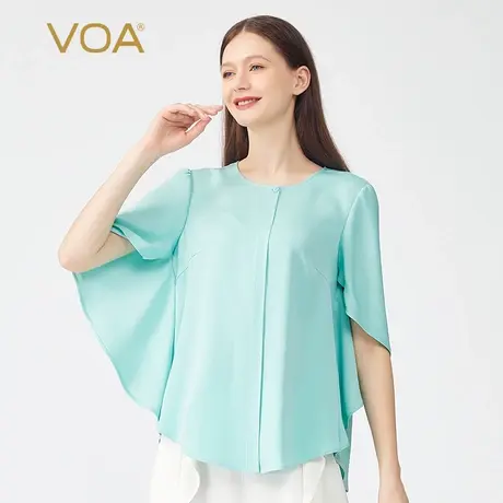 VOA真丝40姆米双面乔绿色圆领一粒扣蝙蝠袖立体装饰桑蚕丝T恤图片