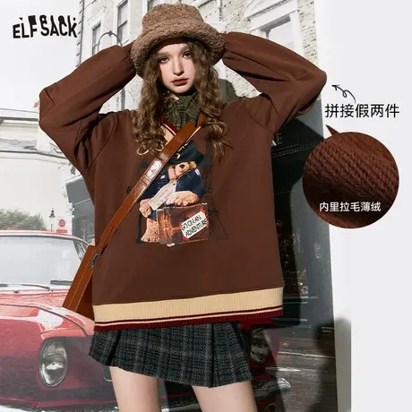 妖精的口袋假两件加绒无帽卫衣女2024早春新款学院风印花长袖上衣图片
