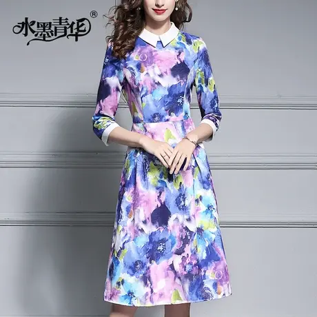 春装新款简约修身七分袖A型印花连衣裙商品大图