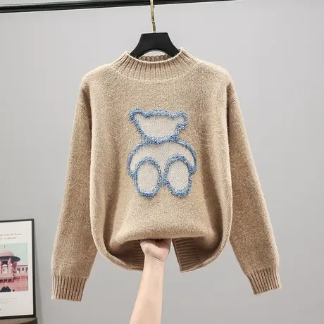 2023春装新款韩版宽松半高领纯色长袖小熊针织衫毛衣卡通套头上衣商品大图