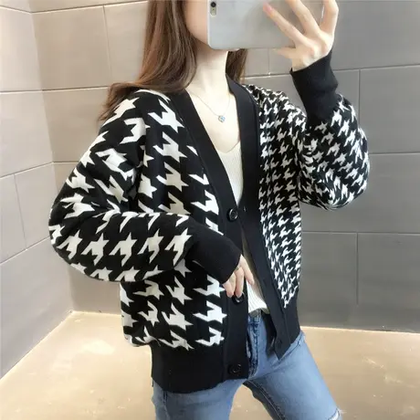 短款千鸟格拼色针织开衫女2023年秋冬新款韩版女装毛衣外套潮ins图片