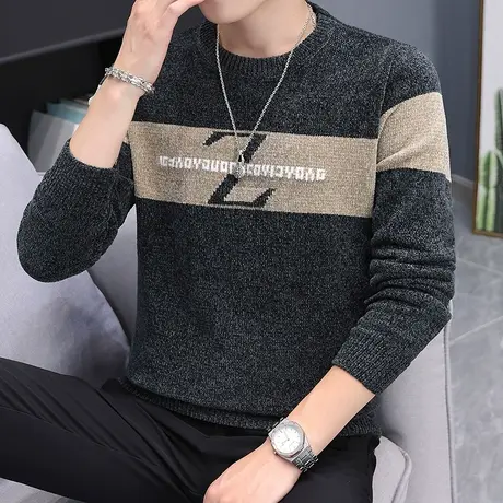 秋冬季男士提花字母毛衣韩版潮流圆领针织衫线衣保暖加绒加厚外套商品大图