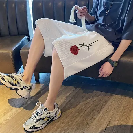 短裤男夏季潮流宽松玫瑰印花运动休闲裤港风编织抽绳薄款五分中裤商品大图