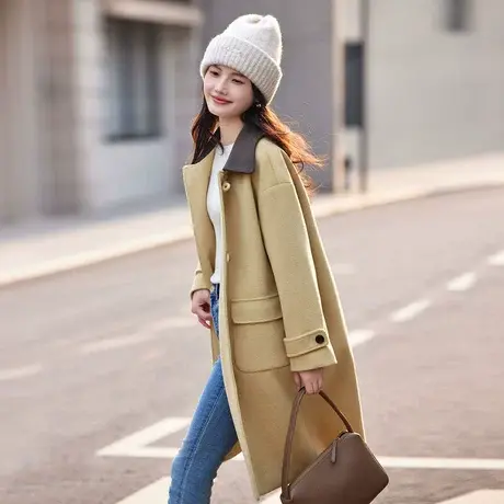 时尚毛呢大衣2023年冬季新款女百搭温柔淑女撞色领子中长款呢外套图片