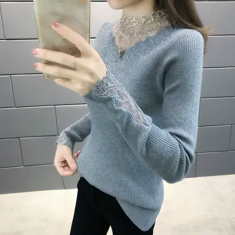 蕾丝针织打底衫女士2024年新款秋冬内搭修身洋气长袖套头毛衣外穿图片