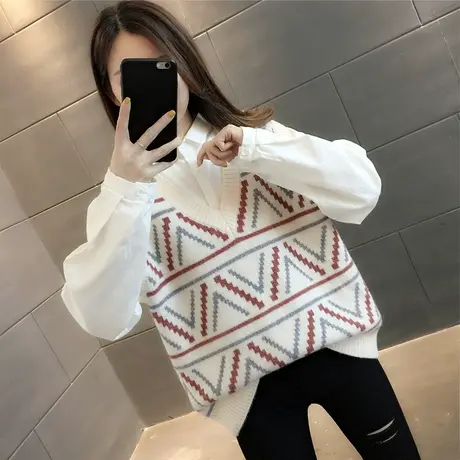 2023新款V领套头针织马甲文艺三角提花线衣背心宽松外搭坎肩上衣图片