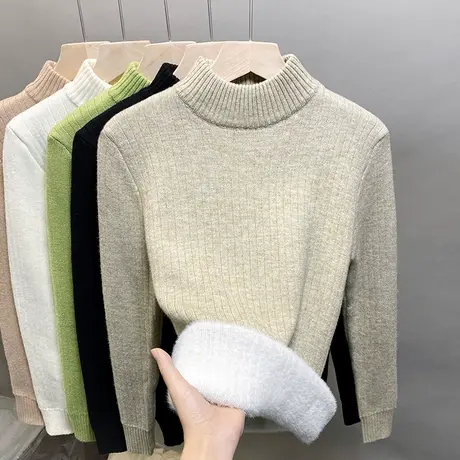 加绒半高领毛衣女一体绒加厚打底衫2023秋冬新款针织衫内搭上衣潮商品大图