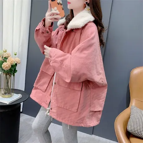 韩系加绒加厚立领羊羔毛牛仔外套女秋冬新款宽松时尚派克服棉衣潮图片