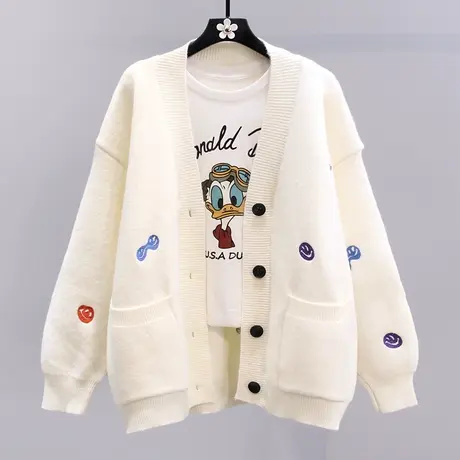 日系卡通笑脸刺绣毛衣外套女秋冬2023新款宽松慵懒风减龄针织开衫商品大图