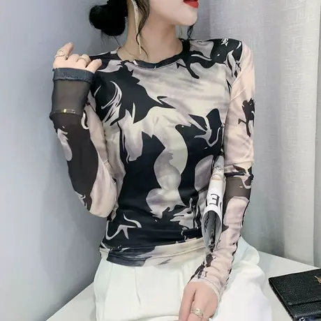 扎染网纱长袖T恤女欧货洋气冰丝防晒罩衫上衣时尚内搭显瘦打底衫商品大图