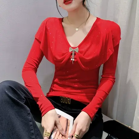 设计感荷叶边上衣女长袖秋装性感V领网纱T恤修身内搭气质打底衫女图片