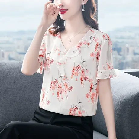 碎花雪纺衬衫女士夏季2023年新款短袖遮肚子显瘦上衣漂亮洋气小衫商品大图
