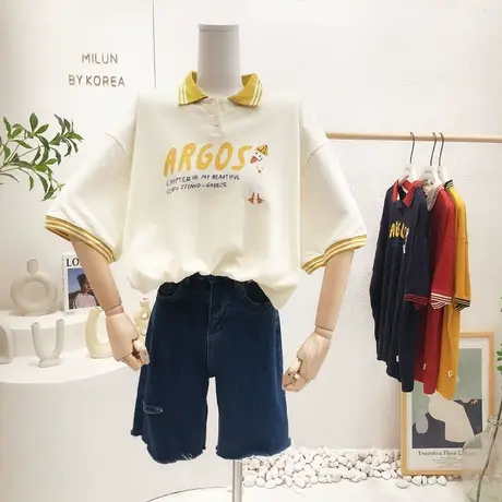 ins甜美复古港味学院风polo衫上衣2022夏季撞色短袖T恤宽松休闲女图片