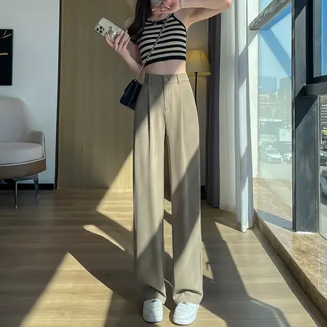 宽松高腰阔腿裤女春秋新款显瘦直筒裤垂感拖地裤双扣休闲西装裤子商品大图