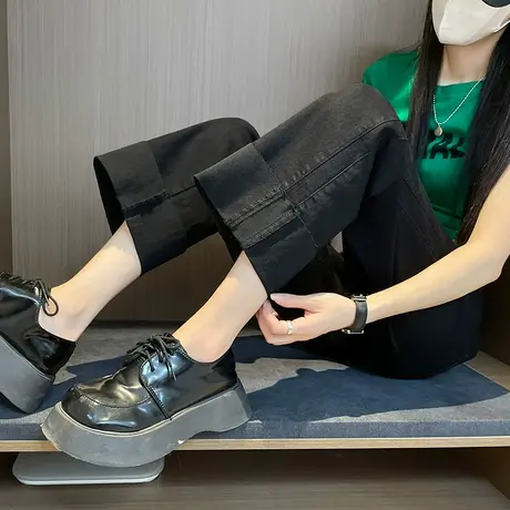 黑色直筒挽边牛仔裤女春秋梨型身材高腰宽松翻边小个子九分阔腿裤商品大图