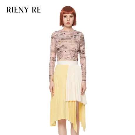 RIENYRE长袖针织衫女2023新款春夏薄款假两件性感网纱印花打底衫图片