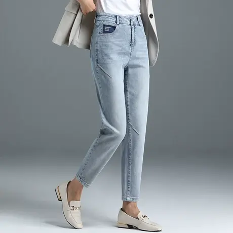 浅色高腰牛仔裤女2023年新款春夏薄款女裤休闲九分小脚萝卜哈伦裤商品大图