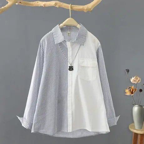 春装2024新款韩范条纹拼接长袖衬衫女宽松百搭纯棉打底衫上衣衬衣商品大图