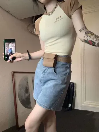 拼色插肩短袖冰丝针织t恤女夏季薄款辣妹高腰露脐修身短款bm上衣商品大图