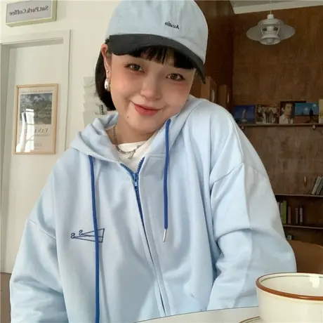 红续学院风奶甜蓝色连帽开衫卫衣女秋冬季新款oversize外套小个子图片