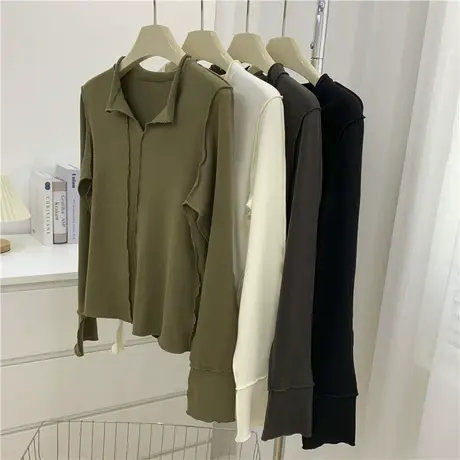 设计感开叉显瘦小V领T恤早秋新款时髦百搭外缝短款辣妹长袖打底衫图片