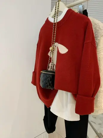 高级感法式兔子提花红色毛衣女韩版气质别致本命年针织衫打底上衣商品大图