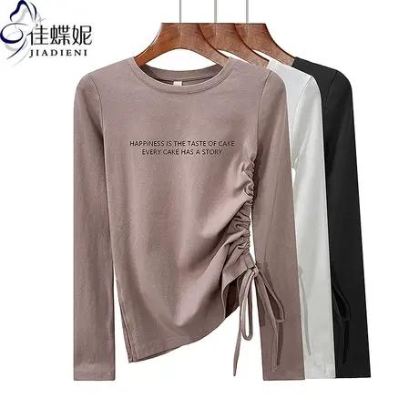 秋冬新款圆领修身开叉纯棉抽绳纯欲撞色印花长袖体恤上衣女打底衫商品大图