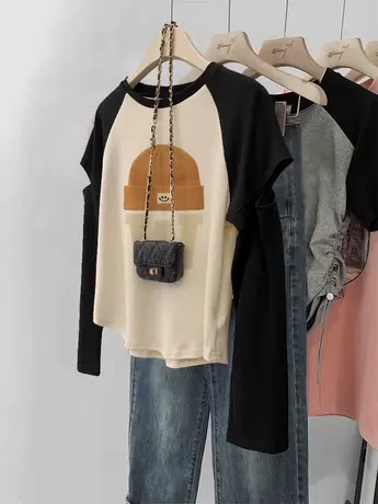 秋季2023新款女装撞色插肩袖高级感打底衫ins潮美式甜辣长袖上衣商品大图