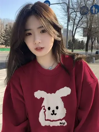 大码酒红色ins潮卡通卫衣女oversize慵懒风宽松加绒加厚秋冬上衣商品大图