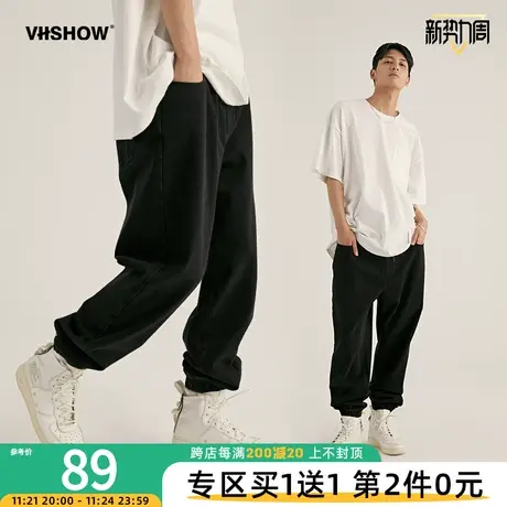 VIISHOW牛仔裤男春秋潮牌ins宽松休闲束脚黑色水洗牛仔束脚长裤子商品大图