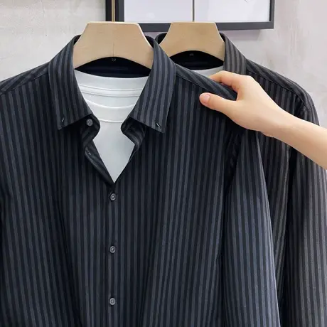 春秋定织条纹长袖衬衫男修身免烫商务正装韩版休闲帅气衬衣上衣潮商品大图