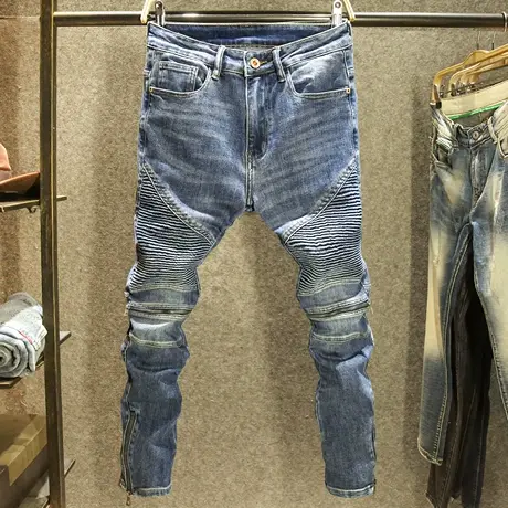 拉链拼接机车牛仔裤男修身小脚裤高级感水洗蓝色复古做旧秋冬长裤图片
