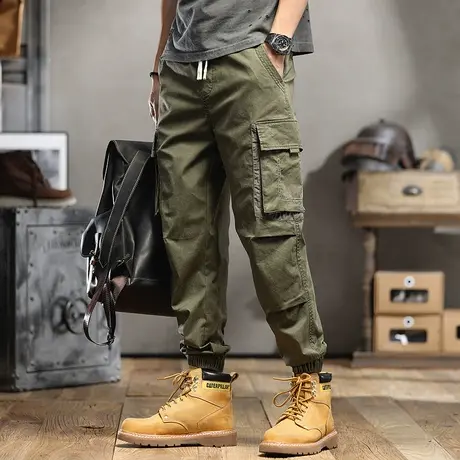 机能束脚工装裤男直筒宽松春夏新款多口袋军绿色裤子男士休闲长裤图片