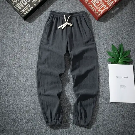 裤子男士夏季薄款亚麻裤棉麻运动休闲长裤夏天宽松束脚九分裤男裤商品大图