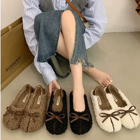 小众设计浅口毛毛鞋女2023年秋冬新款浅口蝴蝶结加绒一脚蹬单鞋潮商品大图