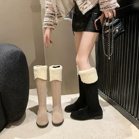 爆款秋冬季加绒靴子女2023年新款粗跟不过膝长靴复古高级感毛毛靴商品大图