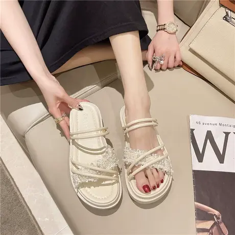 凉鞋女2024年夏季新款平底外穿拖鞋一字带半拖厚底淑女海边沙滩鞋商品大图