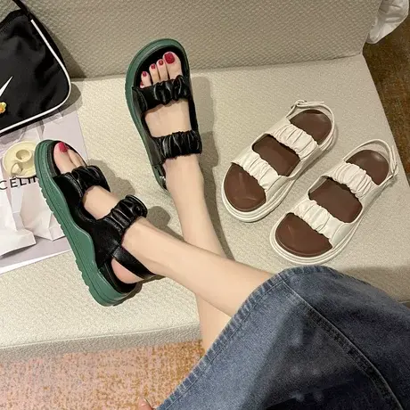 2023新款夏季网红罗马凉鞋女平底大学生仙女风百搭厚底小众设计潮商品大图
