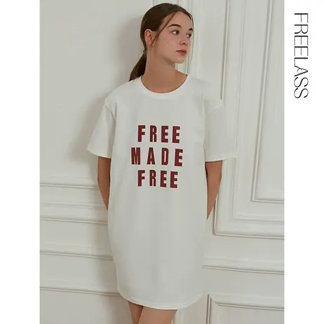 弗利少女T恤睡裙女夏季 短袖睡衣休闲家居服简约圆领字母印花棉质商品大图