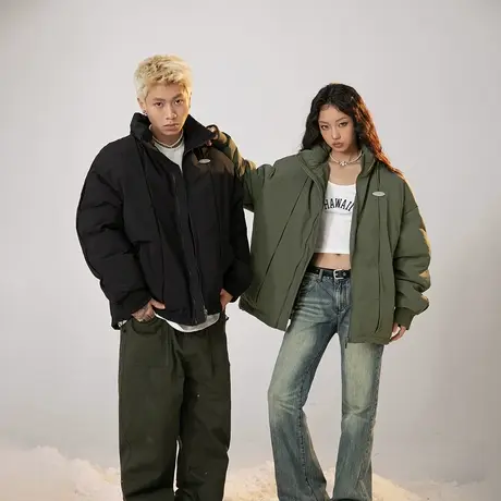 潮牌纯色立领棉服女冬季加厚外套2023新款情侣装美式复古宽松棉衣图片