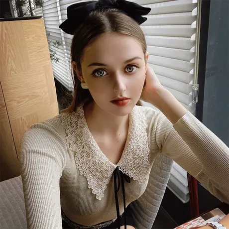 粉红大布娃娃气质法式套头打底衫蕾丝花边领可外穿修身针织衫女春图片