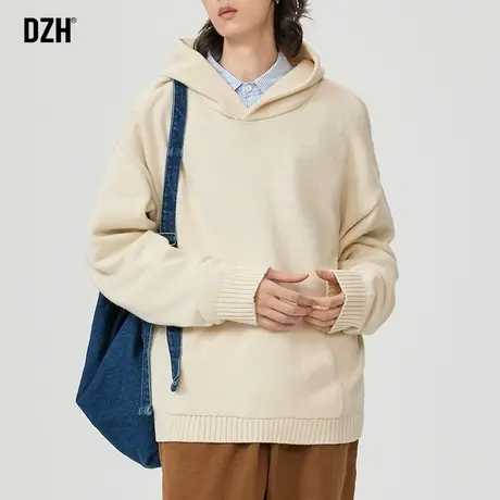 情侣连帽毛衣冬季男2024新款慵懒风米白色上衣男士毛线衣针织卫衣商品大图