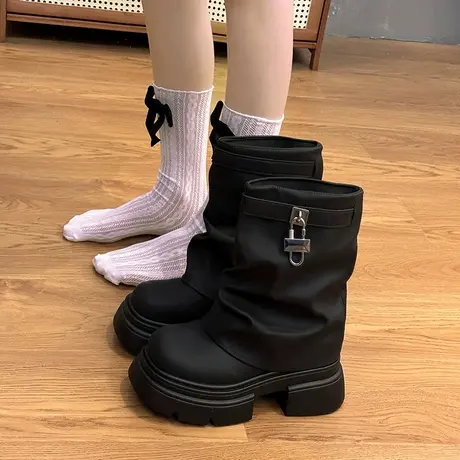 爆款厚底短筒靴女2024秋冬新款复古百搭堆堆裤管靴白色中筒靴子商品大图