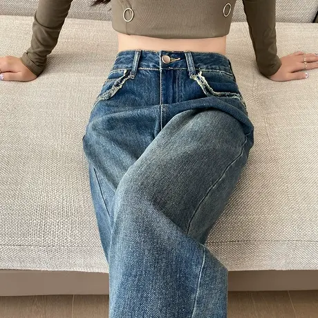 窄版直筒牛仔裤女秋冬2024新款高腰显瘦小个子加绒加厚拖地阔腿裤商品大图