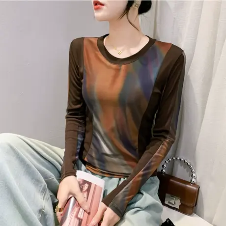 复古性感网纱圆领春秋新款T恤印花时尚气质减龄上衣女修身打底衫商品大图