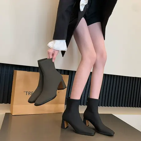 短靴女流行2023年秋冬季新款时尚绒面气质瘦瘦靴粗跟保暖烟筒靴潮图片